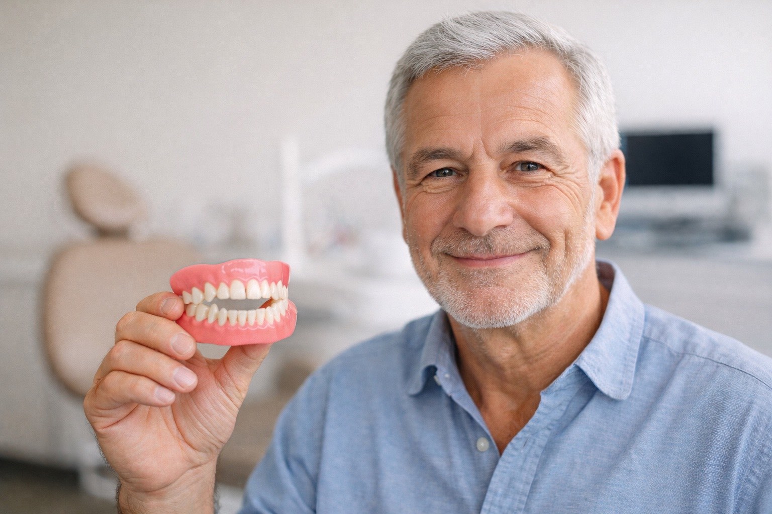 paziente con dentiera in mano in studio dentistico