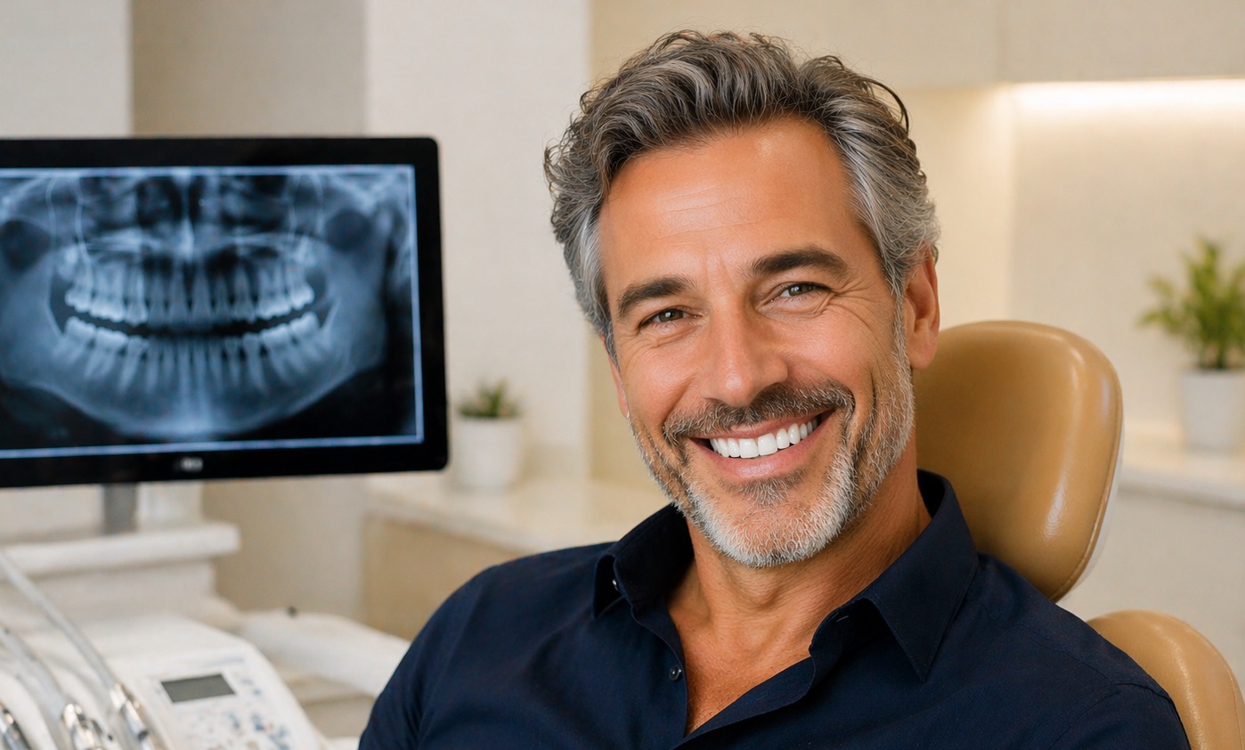 sorriso naturale dopo riabilitazione completa con denti fissi su impianti