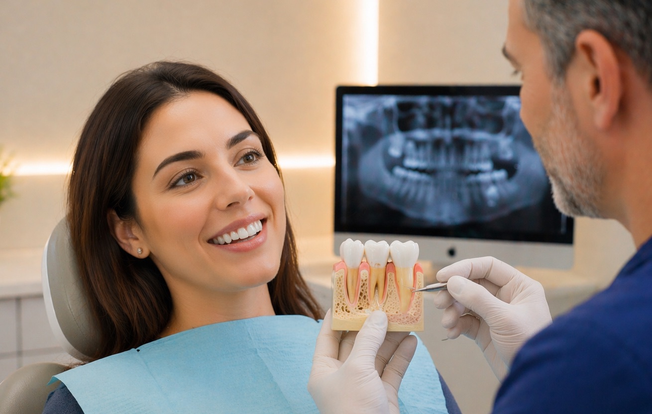 Visita dentistica per parodontite con spiegazione della salute gengivale